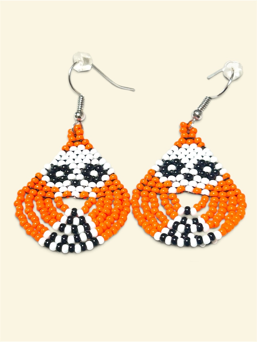 Handmade Miyuki Delica Skull Tear Drop Earrings Orange White Black Halloween